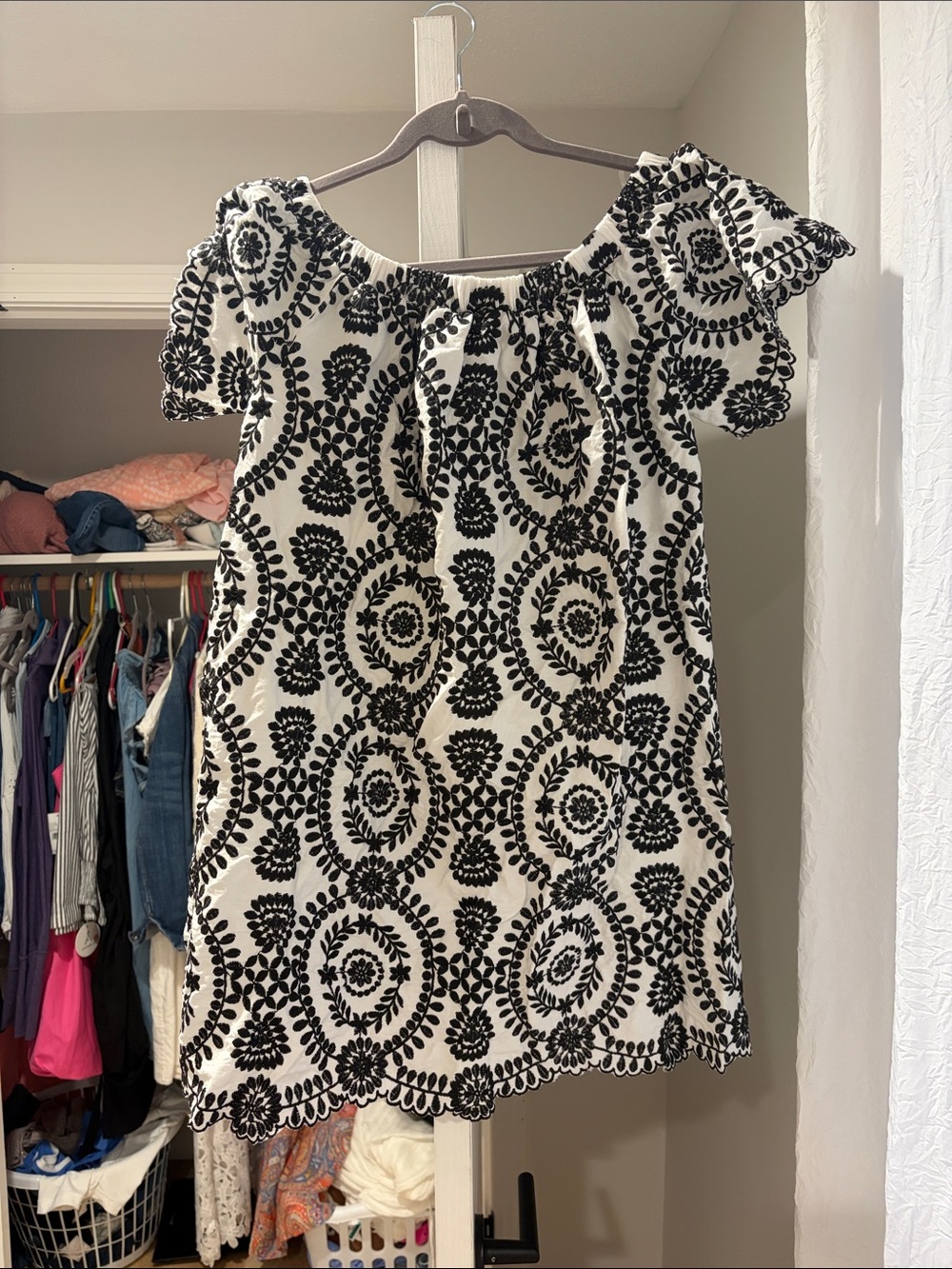 Entro Black & White Off-Shoulder Embroidered Women’s Tunic or short dress